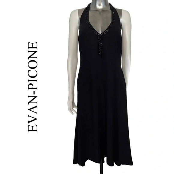 Evan Picone Black  Halter Dress Bead Detail High Low Dress Back Size 14 - Picture 1 of 7